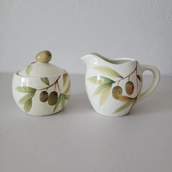 Nicoise by HOME Ceramic Sugar Bowl and Creamer Olive and Leaves Theme Set of 2 - Picture 1 of 7